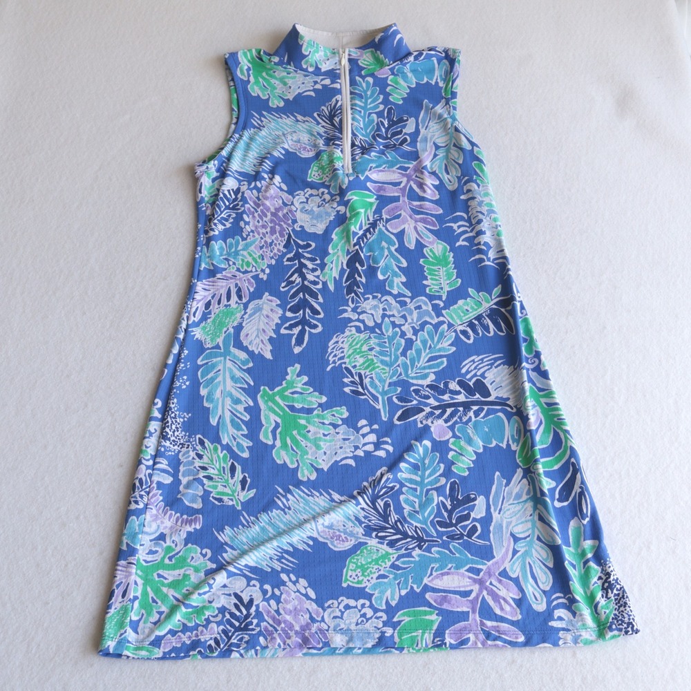 IBKUL Womens Blue Floral Leaf Print Sleeveless Quarter Zip Sun Dress Size M